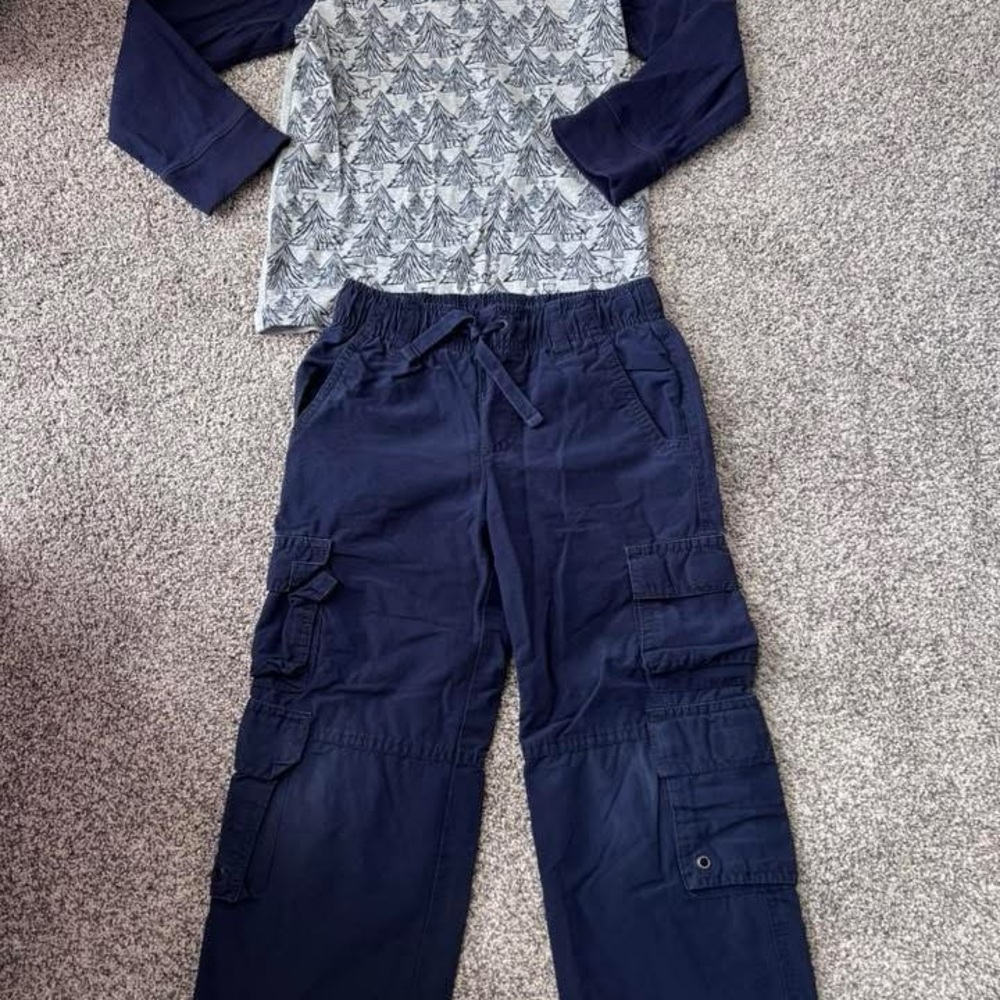 Gymboree Navy Cargo Pants and Patterned Bear Long Sleeve Shirt